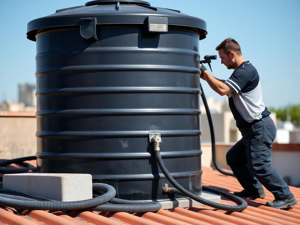 Plomero limpiando un tanque de agua en la terraza de una vivienda